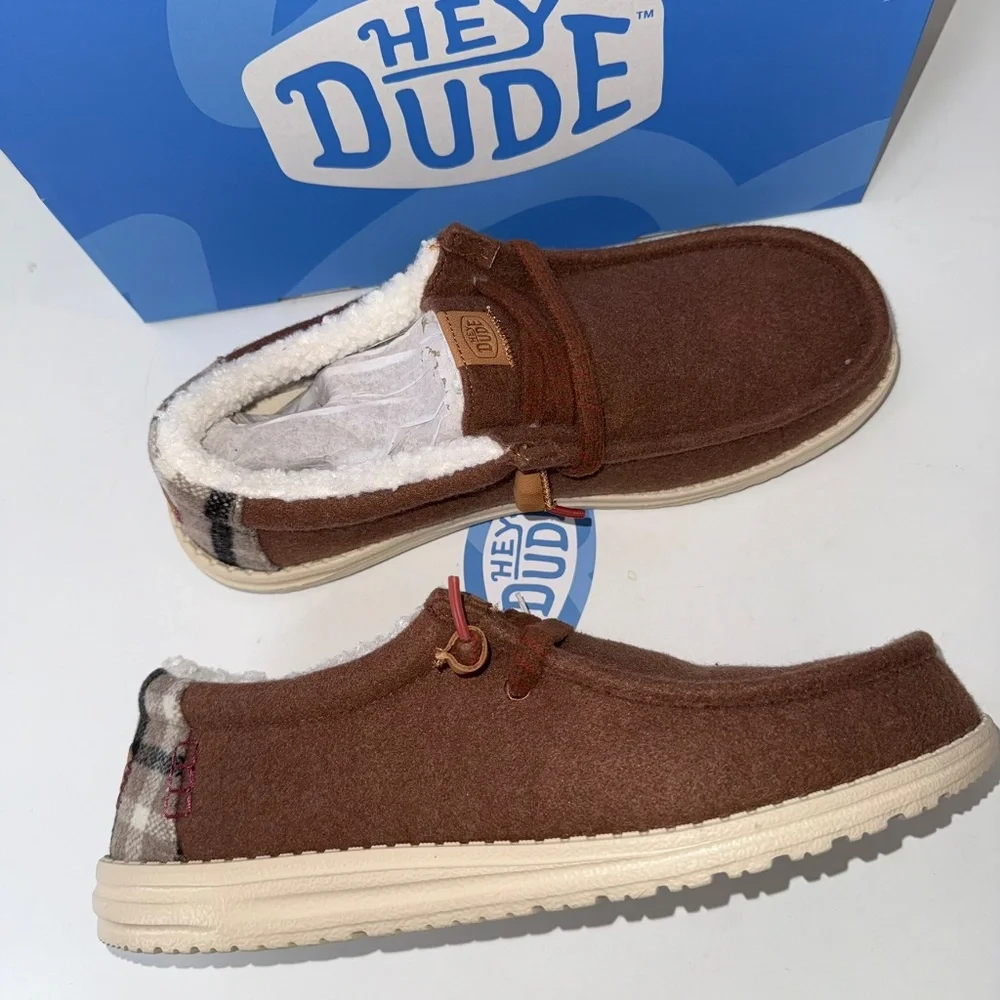 HEY DUDE $70 New Mens 12 Brown Casual Slip On Wally Cozy Plaid Shoes Box #33 - Picture 3 of 7